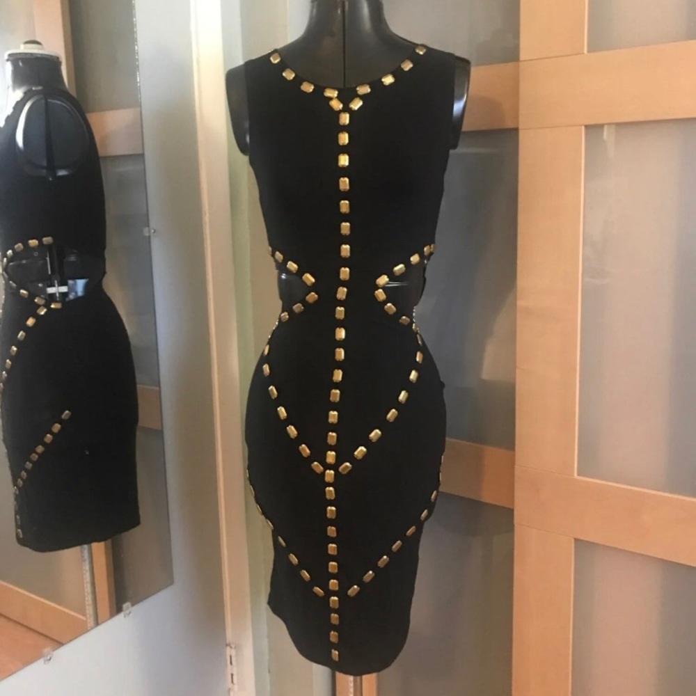 Sexy Blk Cutout Gold Studded Dress, S